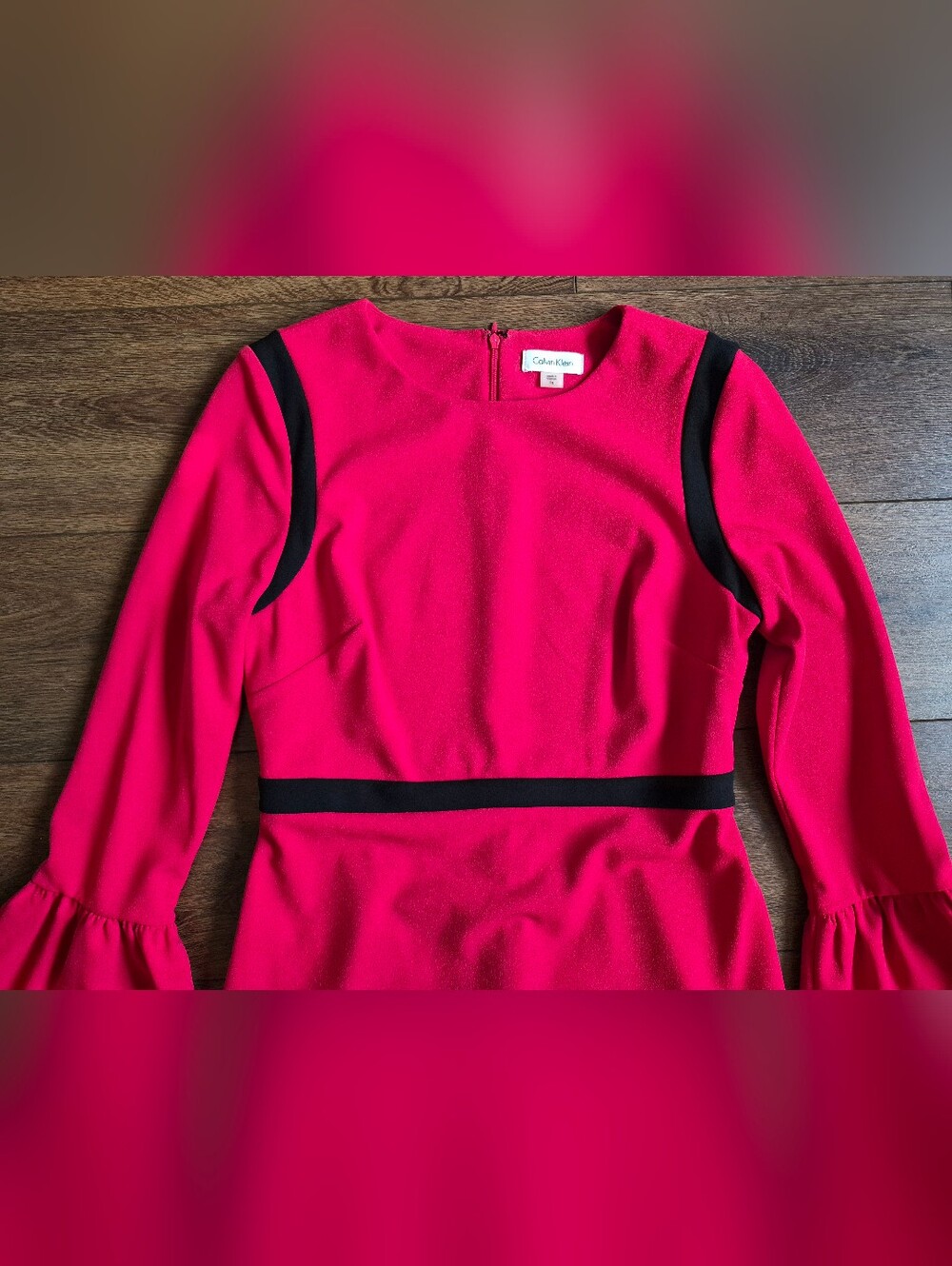 NEW Calvin Klein Sheath Dress Long Bell Sleeve Red Black Stripe Sz 10 - Picture 4 of 7
